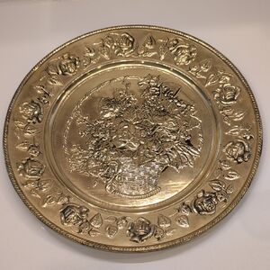 Rare Vintage ELPEC English Brass Charger Plate 16" - Rose Basket Motif